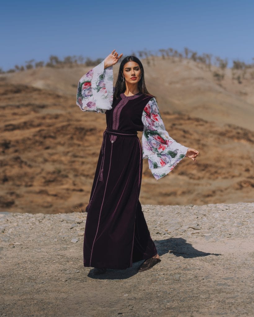 Kounouz dark burgundy velvet caftan sleeves with elegant floral print